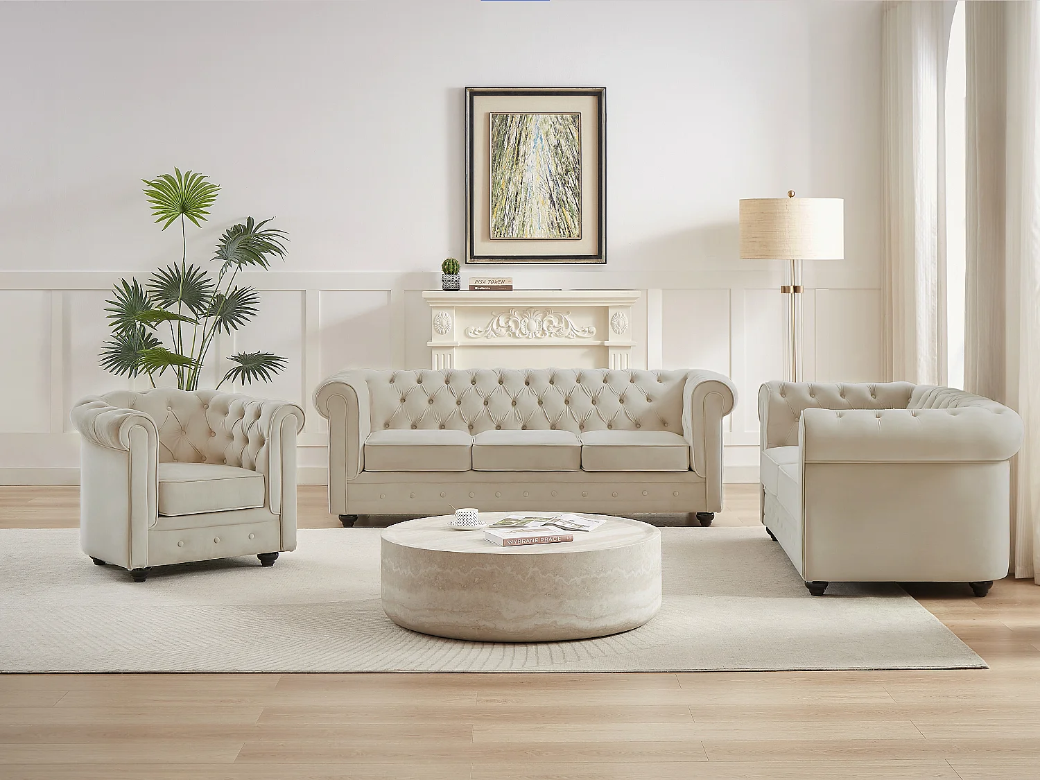 Canapé 3 places, 2 places et fauteuil en velours beige CHESTERFIELD