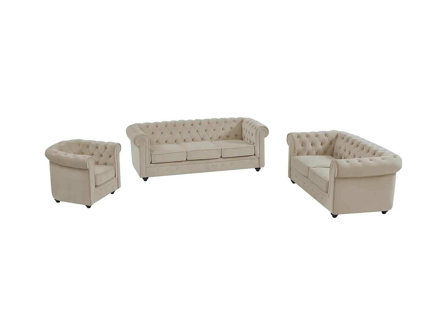 Canapé 3 places, 2 places et fauteuil en velours beige CHESTERFIELD
