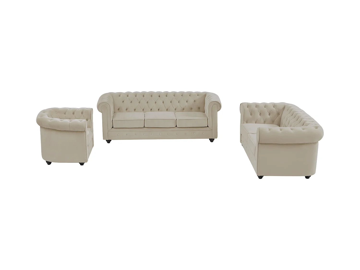 Canapé 3 places, 2 places et fauteuil en velours beige CHESTERFIELD