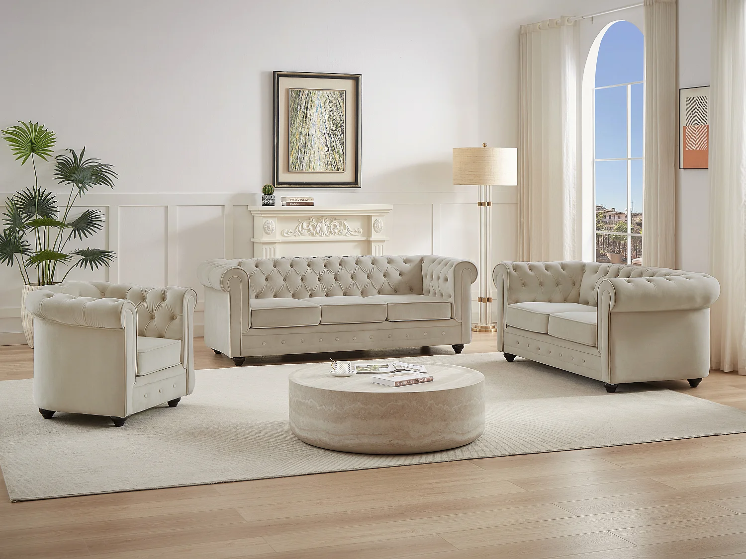 Divano 3 posti, 2 posti e poltrona in Velluto Beige  - CHESTERFIELD