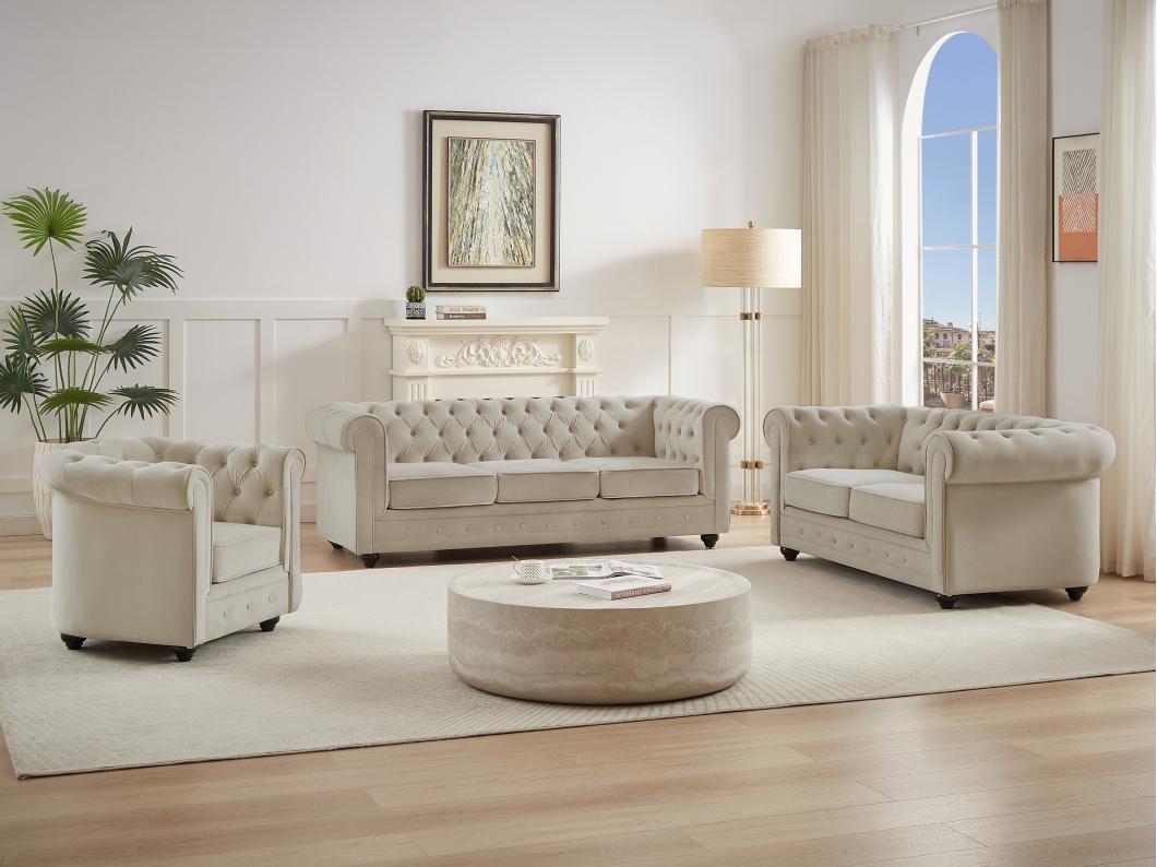 Sofas 3-Sitzer, 2-Sitzer & Sessel - Samt - Beige - CHESTERFIELD