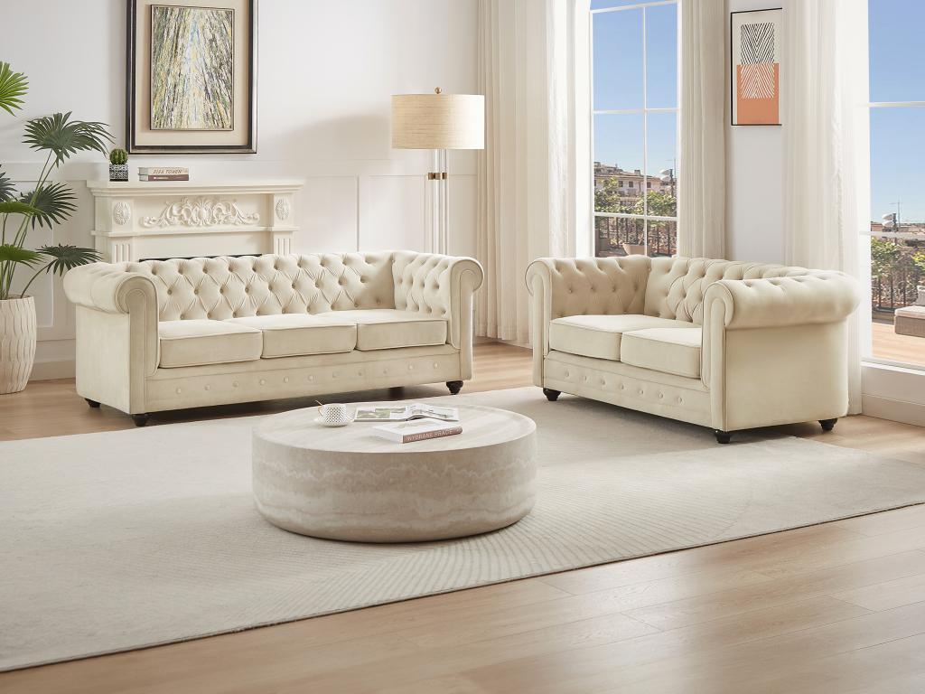 Sofa 3-Sitzer & 2-Sitzer - Samt - Beige - CHESTERFIELD günstig online kaufen