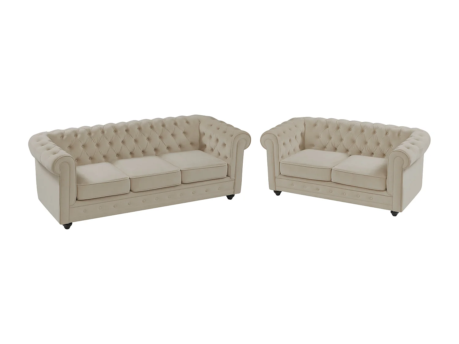 Zitbank 3 plaatsen en 2 plaatsen in beige fluweel CHESTERFIELD