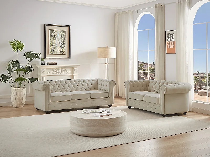 Divano 3 posti e 2 posti in Velluto Beige  - CHESTERFIELD