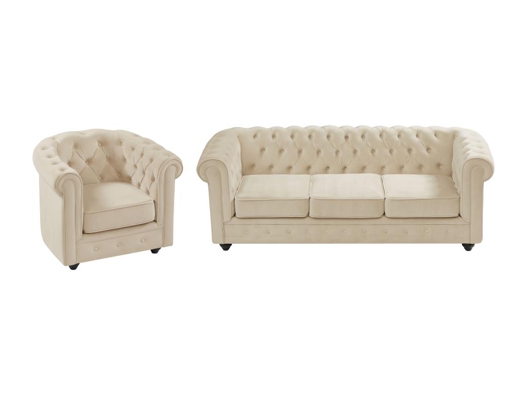 Sofa 3-Sitzer & Sessel - Samt - Beige - CHESTERFIELD günstig online kaufen