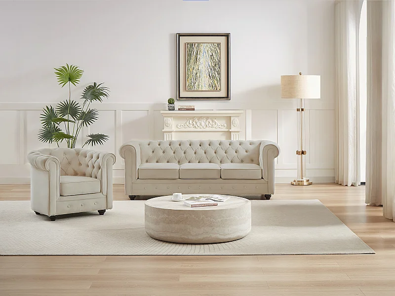 Canapé 3 places et fauteuil en velours beige CHESTERFIELD