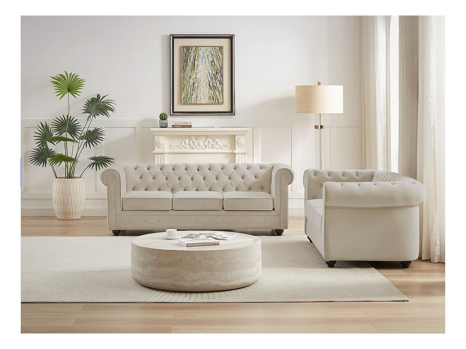 Sofa 3-Sitzer & Sessel - Samt - Beige - CHESTERFIELD