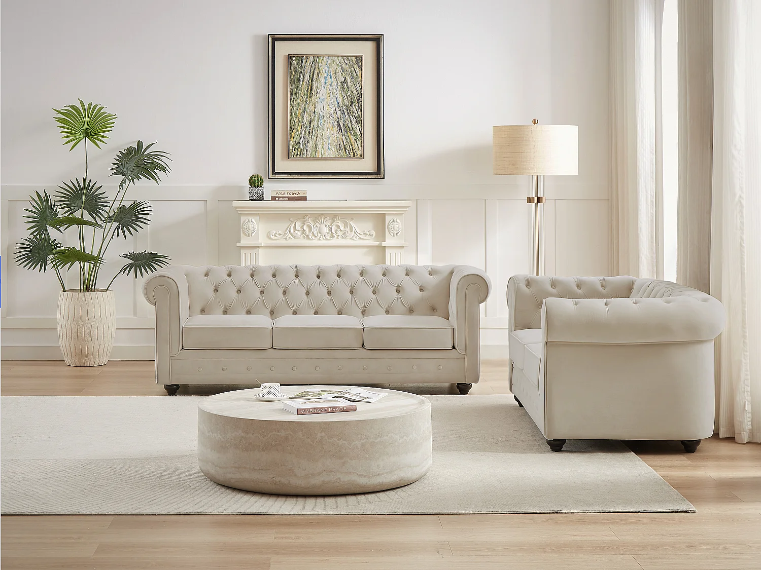Canapé 3 places et fauteuil en velours beige CHESTERFIELD