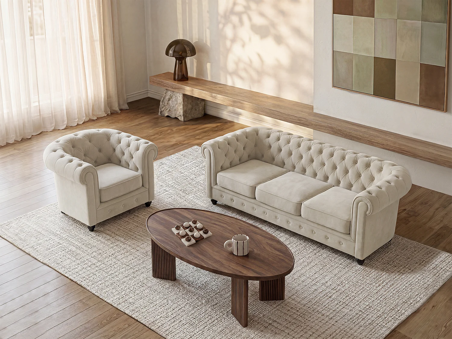 Canapé 3 places et fauteuil en velours beige CHESTERFIELD