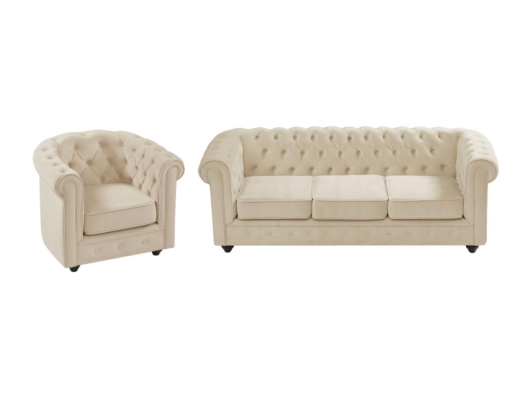 Divano 3 posti e poltrona in Velluto Beige  - CHESTERFIELD
