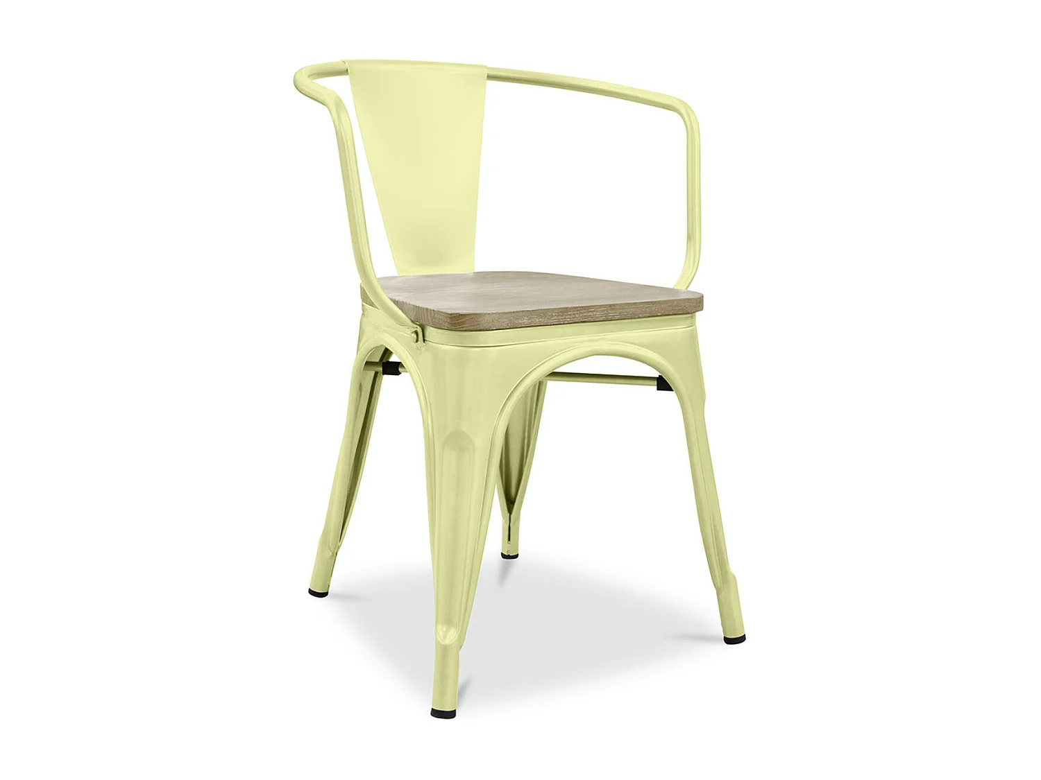 Chaise industrielle avec accoudoirs acier brillant et assise en bois massif naturel Reko-Couleur Jaune pastel