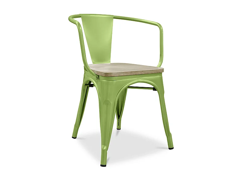 Chaise industrielle avec accoudoirs acier brillant et assise en bois massif naturel Reko-Couleur Vert pistache