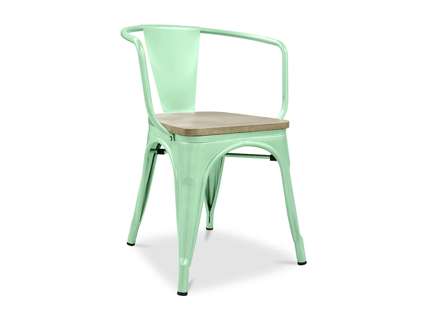 Chaise industrielle avec accoudoirs acier brillant et assise en bois massif naturel Reko-Couleur Vert pistache