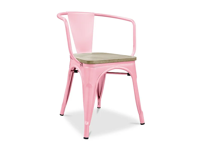 Chaise industrielle avec accoudoirs acier brillant et assise en bois massif naturel Reko-Couleur Rose