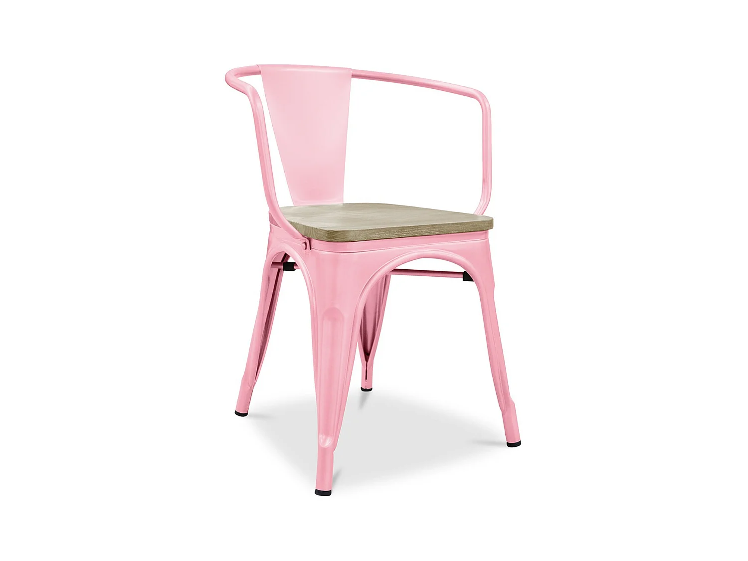Chaise industrielle avec accoudoirs acier brillant et assise en bois massif naturel Reko-Couleur Rose