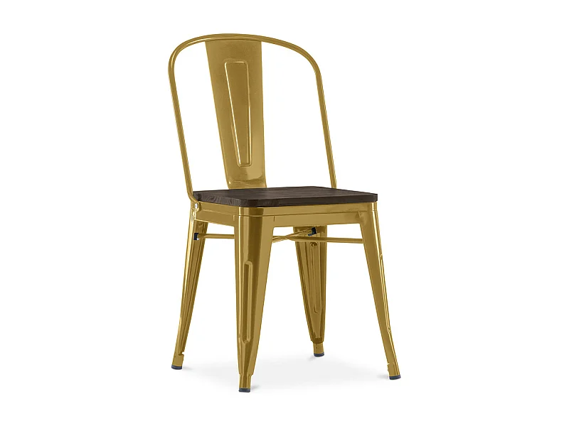 Silla industrial Kontoir de acero blanco brillante con asiento de pino macizo oscuro-Color Oro