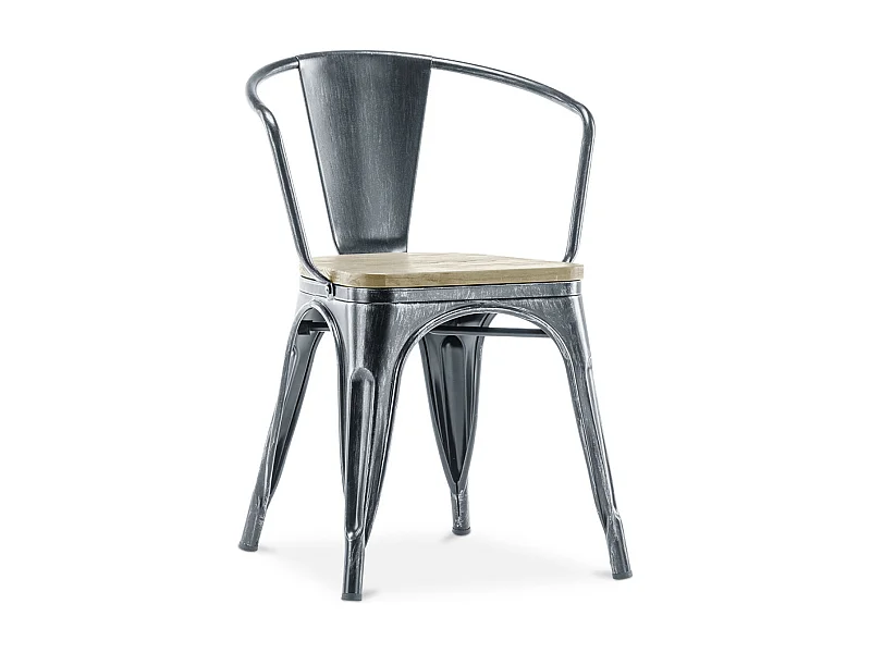 Vintage stoel met armleuningen van geborsteld staal en zitting van natuurlijk massief hout Reko