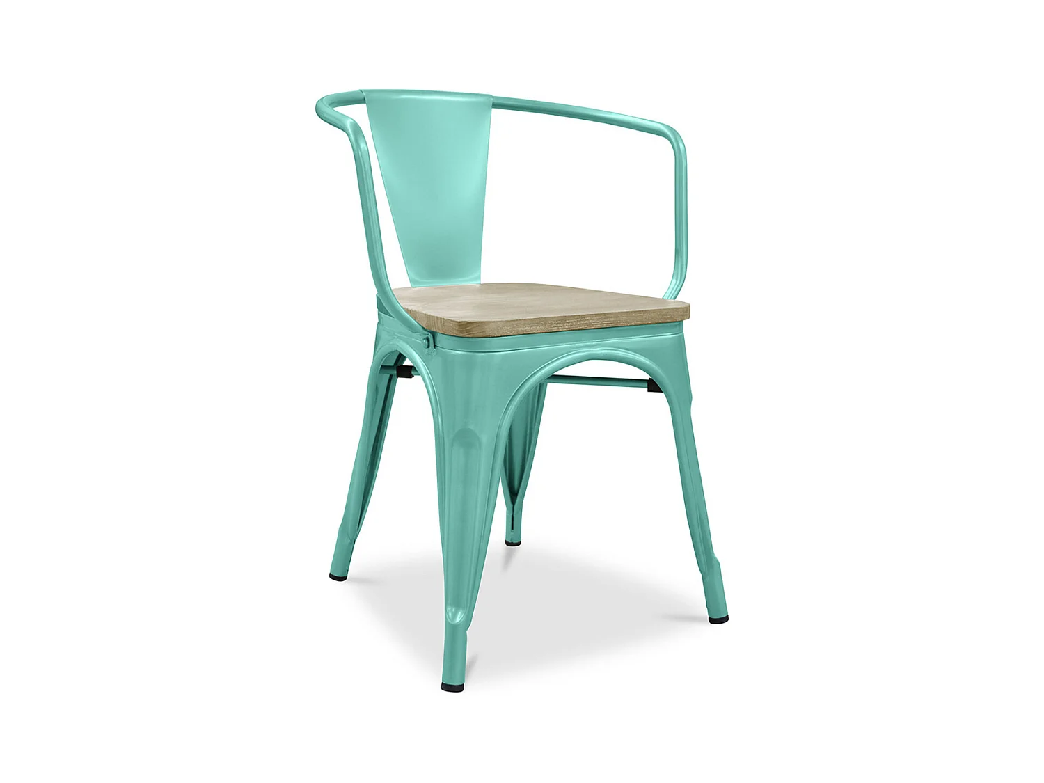 Chaise industrielle avec accoudoirs acier brillant et assise en bois massif naturel Reko-Couleur Bleu canard