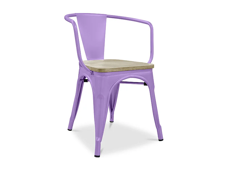 Chaise industrielle avec accoudoirs acier brillant et assise en bois massif naturel Reko-Couleur Violet