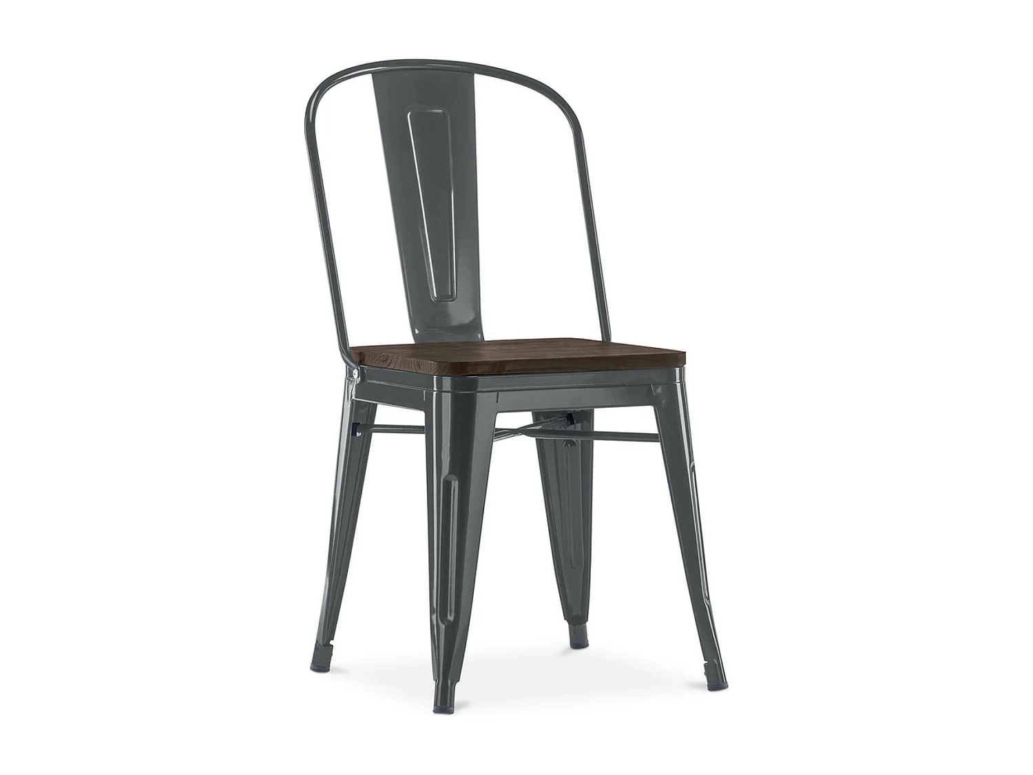 Silla industrial Kontoir de acero blanco brillante con asiento de pino macizo oscuro-Color Gris oscuro