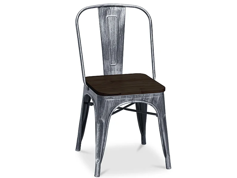 Chaise acier vintage vieilli et assise en bois massif marron Reko-Acier argenté