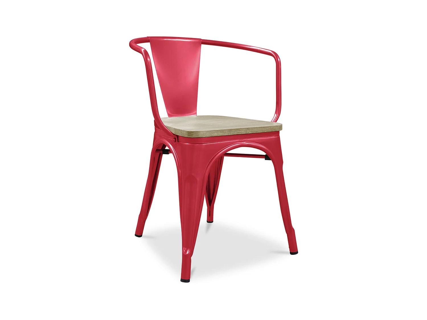Chaise industrielle avec accoudoirs acier brillant et assise en bois massif naturel Reko-Couleur Rouge
