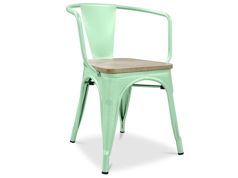 Chaise industrielle avec accoudoirs acier brillant et assise en bois massif naturel Reko-Rouge