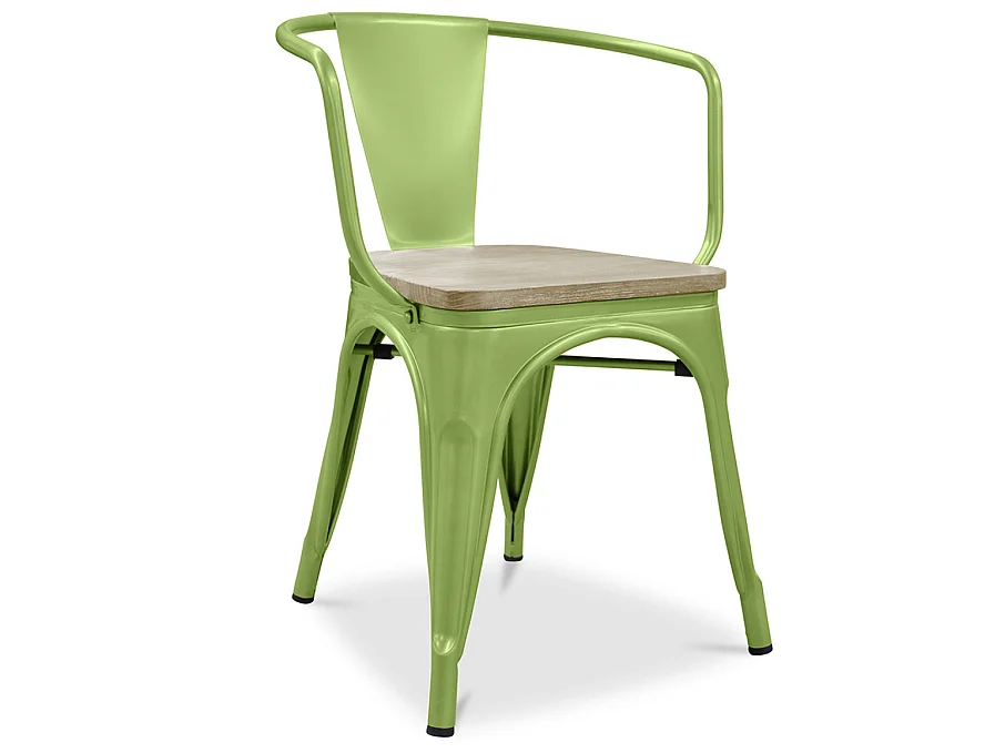Chaise industrielle avec accoudoirs acier brillant et assise en bois massif naturel Reko-Rouge