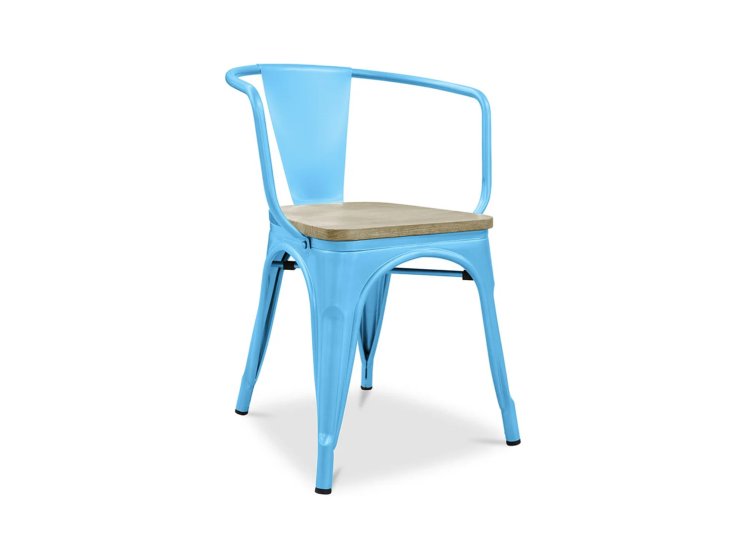 Chaise industrielle avec accoudoirs acier brillant et assise en bois massif naturel Reko-Couleur Bleu turquoise