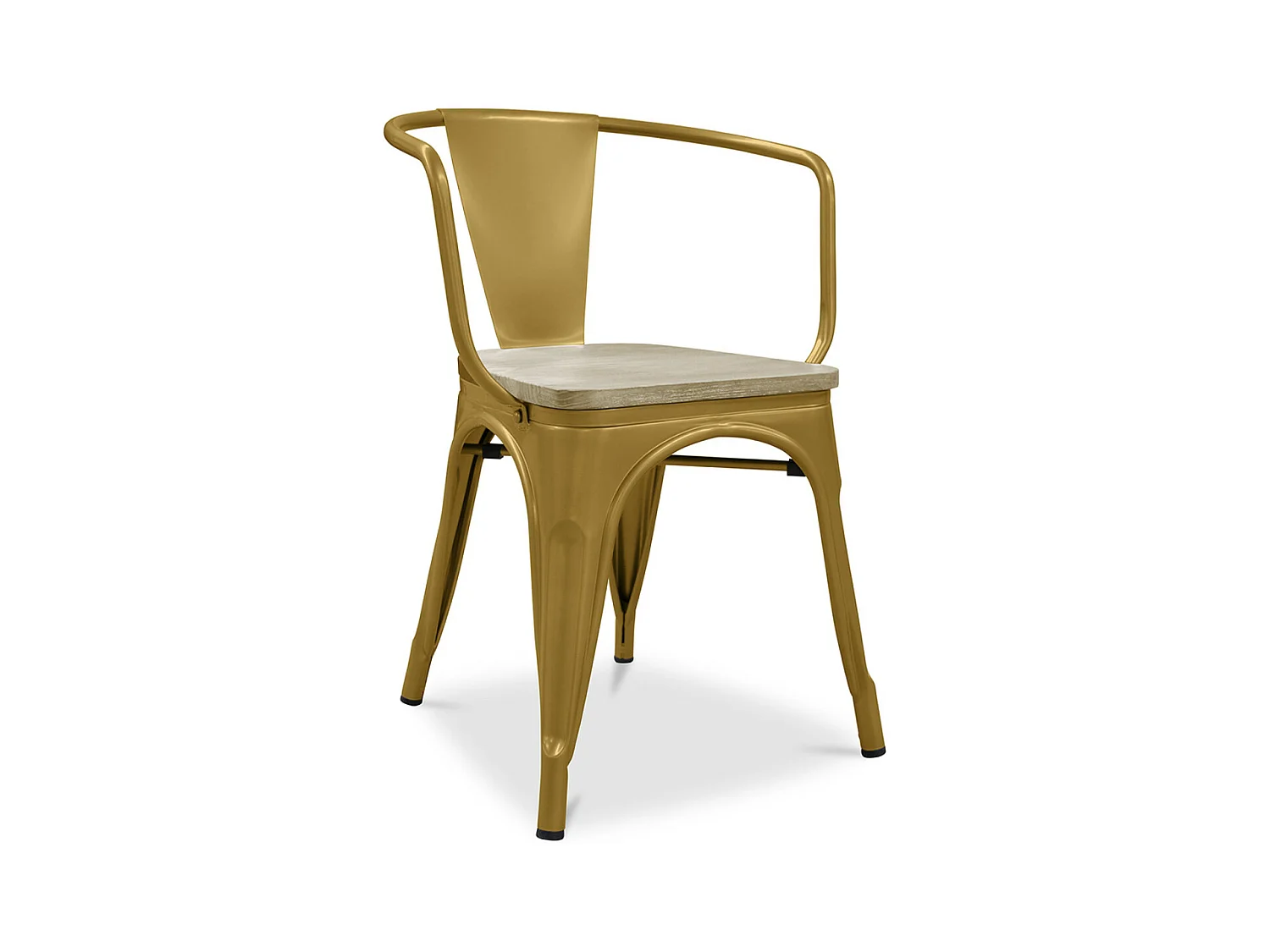 Chaise industrielle avec accoudoirs acier brillant et assise en bois massif naturel Reko-Couleur Doré