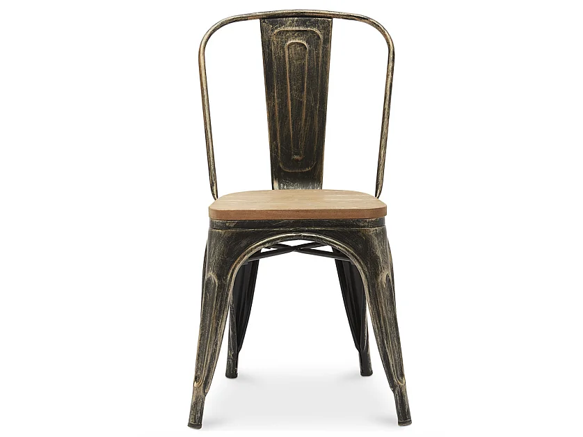 Chaise industrielle acier vieilli et assise en bois massif naturel Reko-Bronze