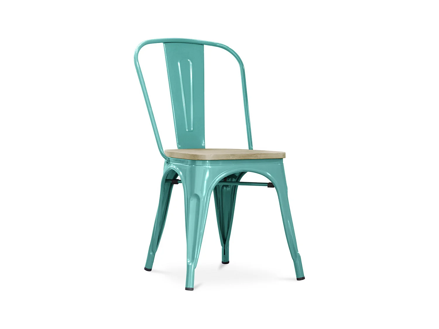 Chaise industrielle acier brillant et assise en bois massif naturel Reko-Couleur Bleu canard