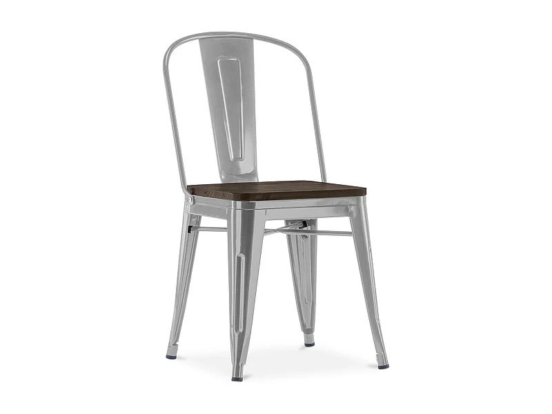 Silla industrial Kontoir de acero blanco brillante con asiento de pino macizo oscuro-Color Gris claro