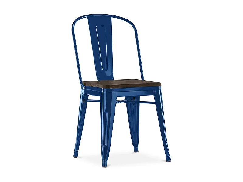 Silla industrial Kontoir de acero blanco brillante con asiento de pino macizo oscuro-Color Azul oscuro