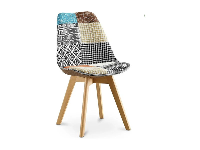 Chaise patchwork multicouleurs clair et pieds hêtre massif clair Kedy
