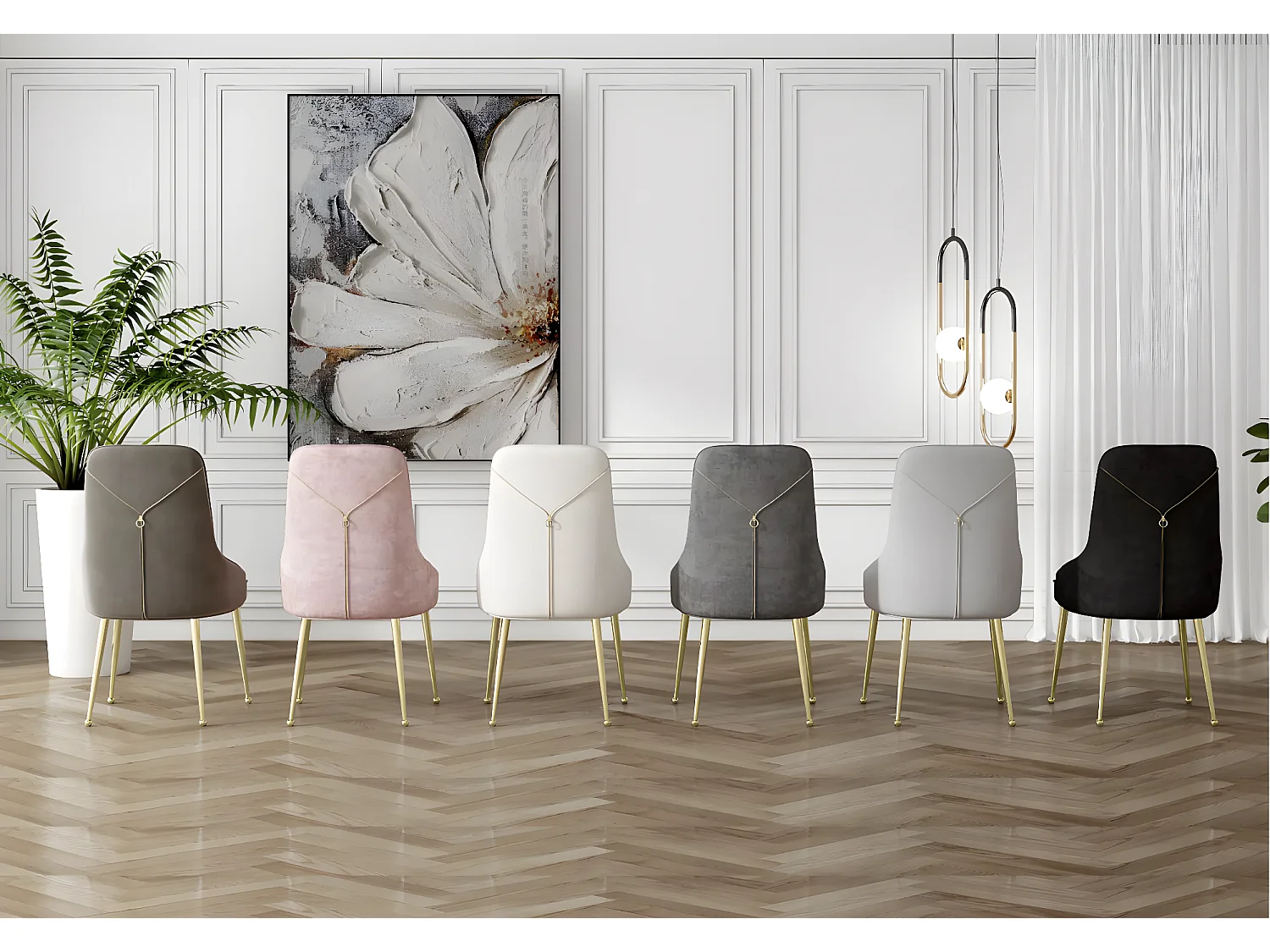 Chaise originale velours et pieds métal doré Farma - Lot de 2-Couleur Noir