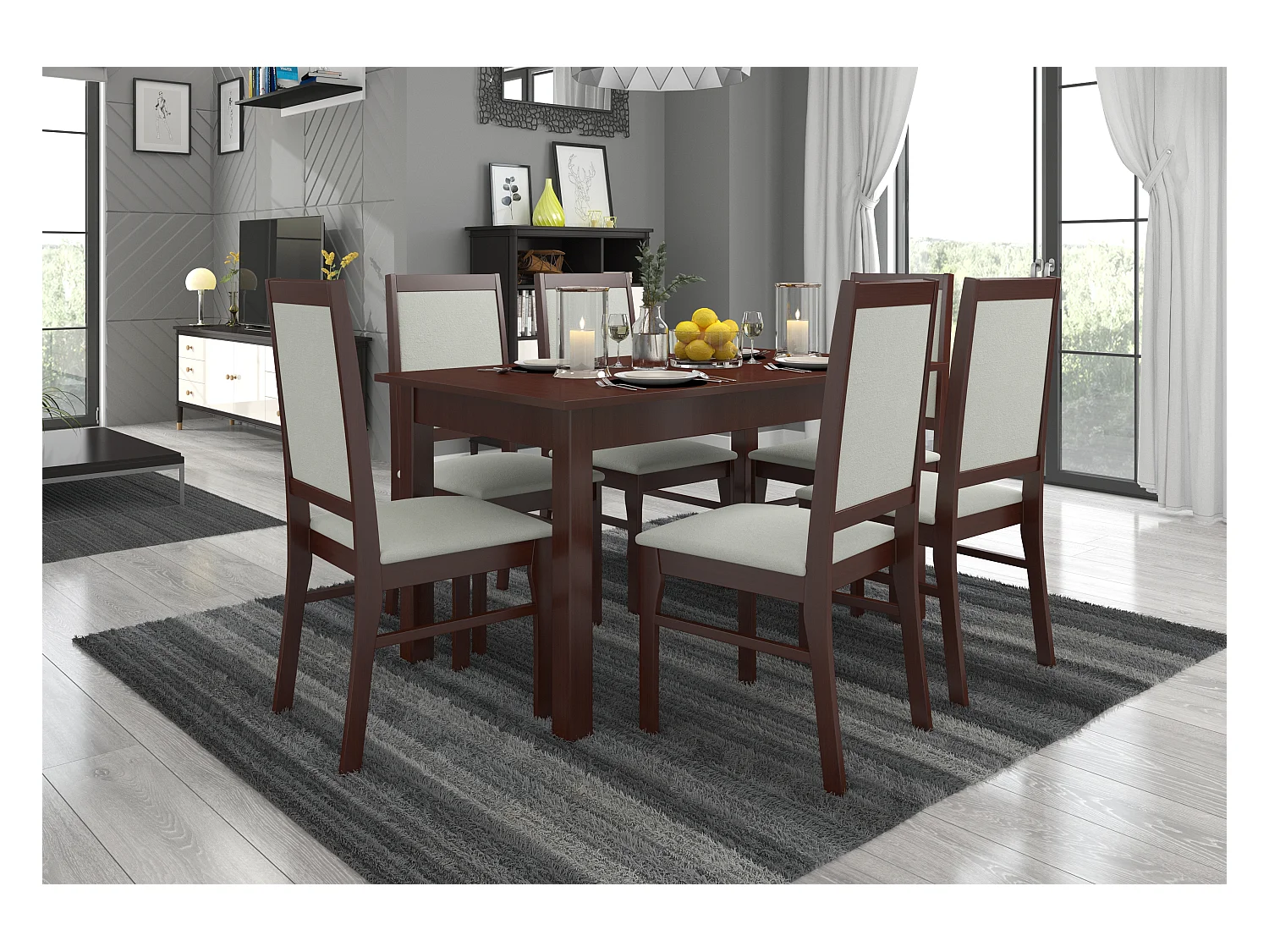 Stoel in donker walnoothout en stof. 34 kleuren om uit te kiezen Klarika-Stof 27112