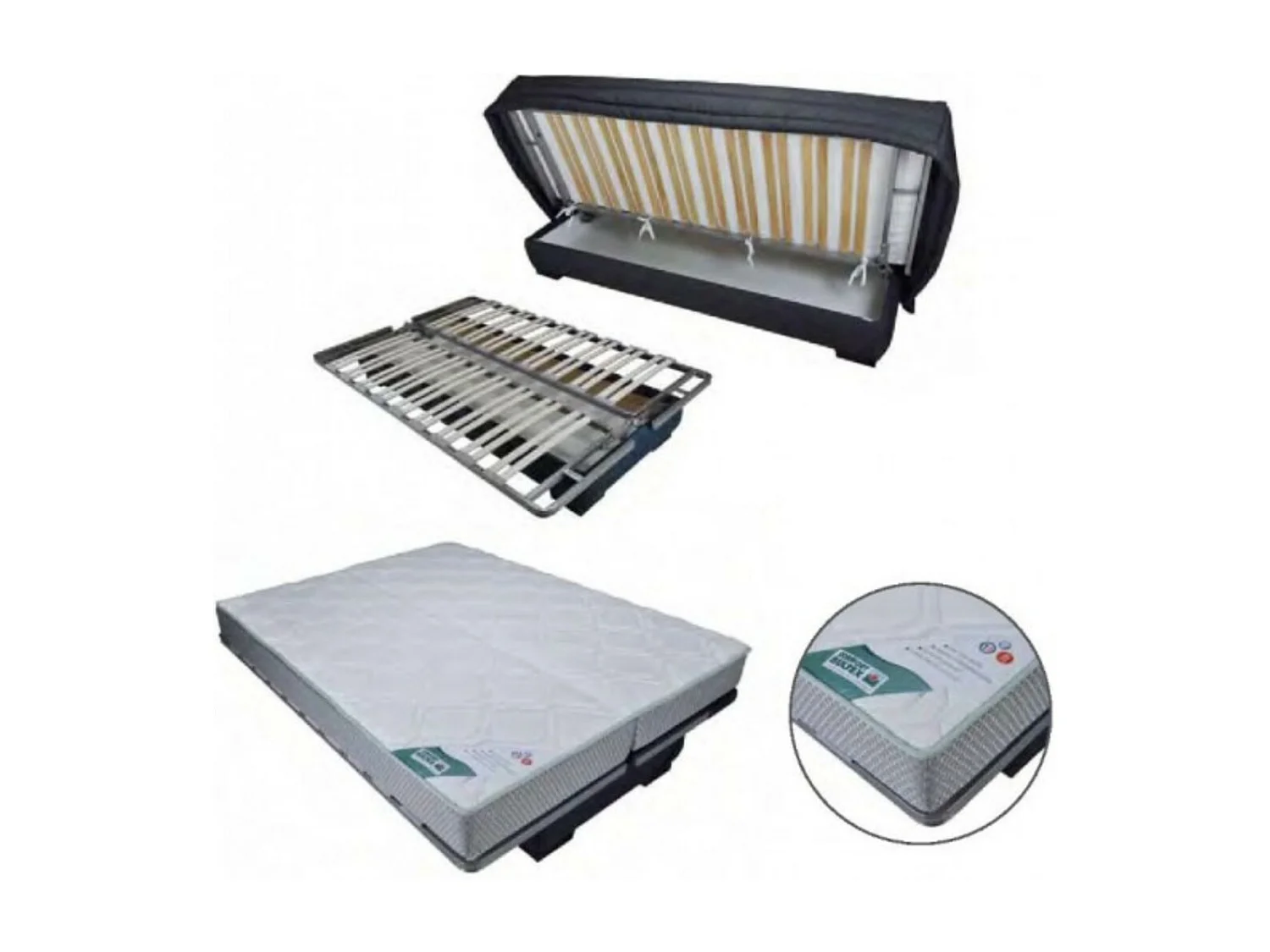 Canapé clic clac tissu avec rangement matelas Bultex 15cm Balkoa 207cm-Couleur Gris Souris