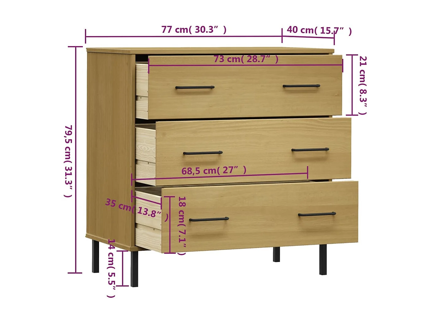 Buffet avec 3 tiroirs Marron 77x40x79,5 Bois massif OSLO