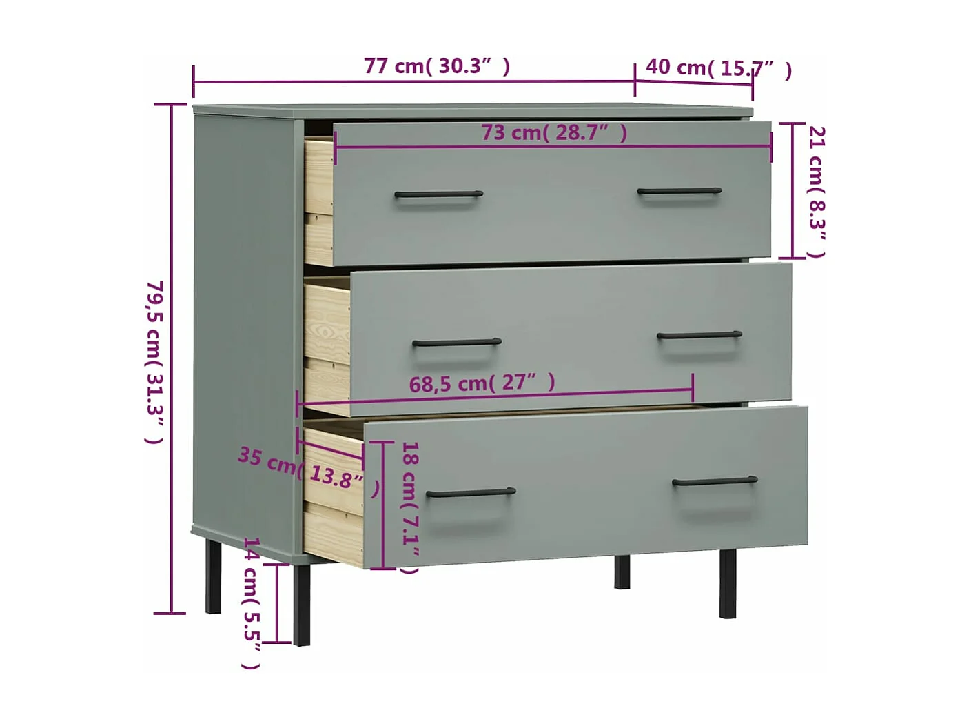 Buffet avec 3 tiroirs Gris 77x40x79,5 Bois massif OSLO