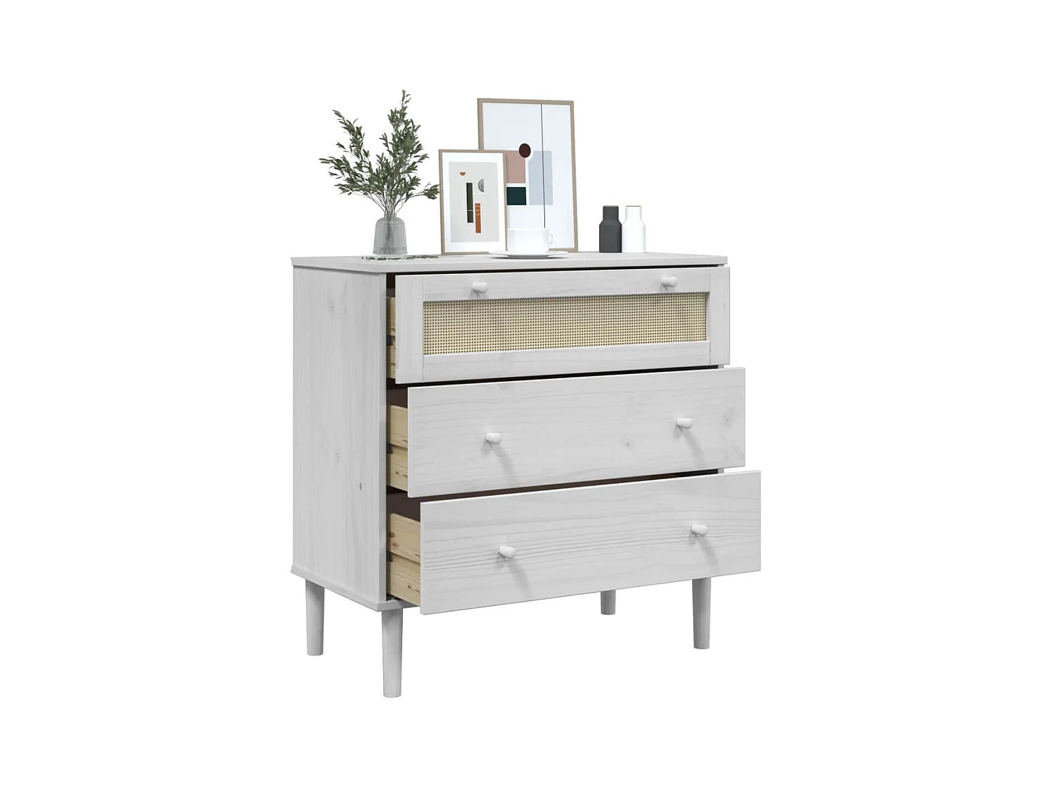 Commode SENJA aspect de rotin blanc bois de pin solide