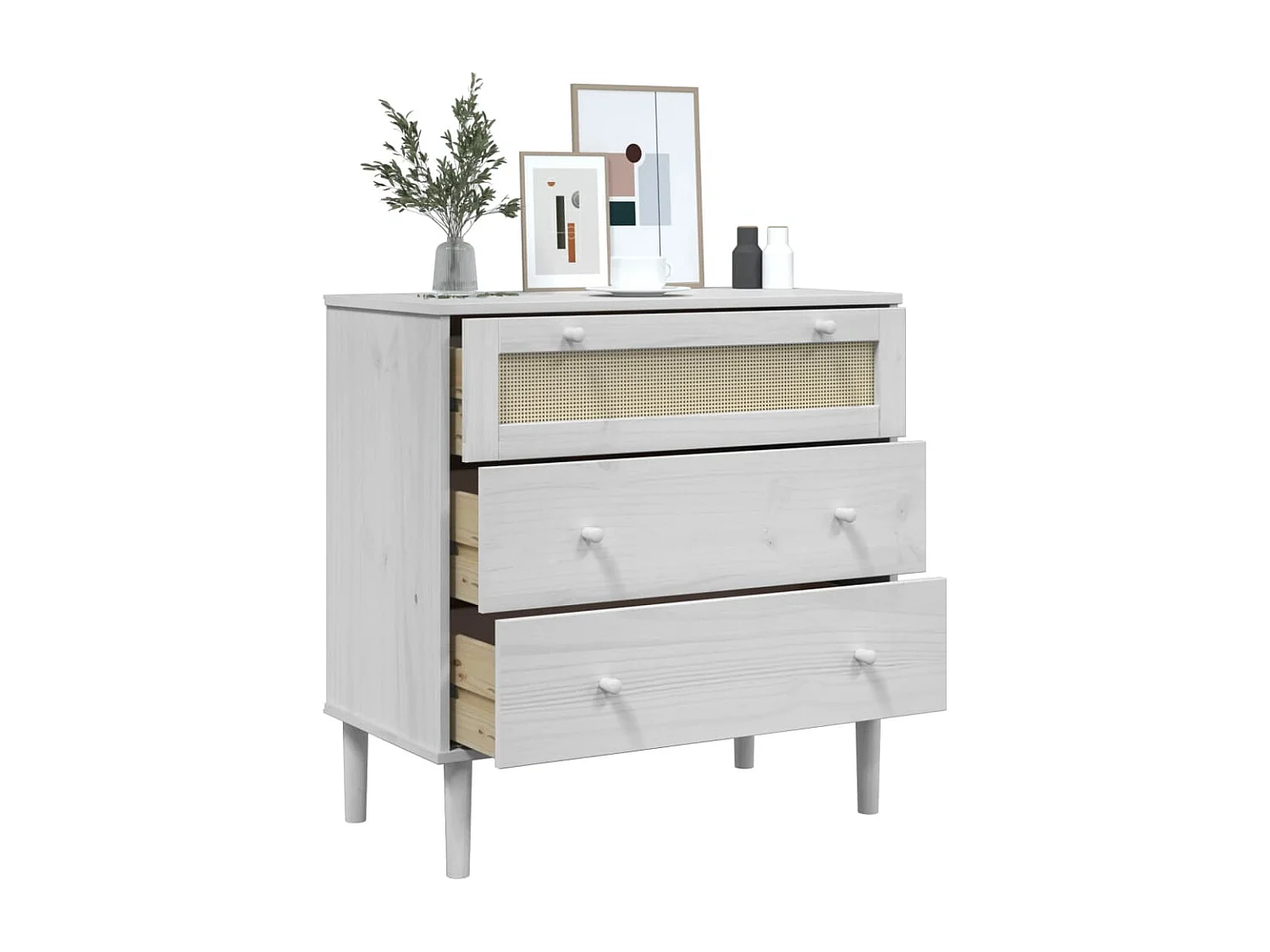 Commode SENJA aspect de rotin blanc bois de pin solide