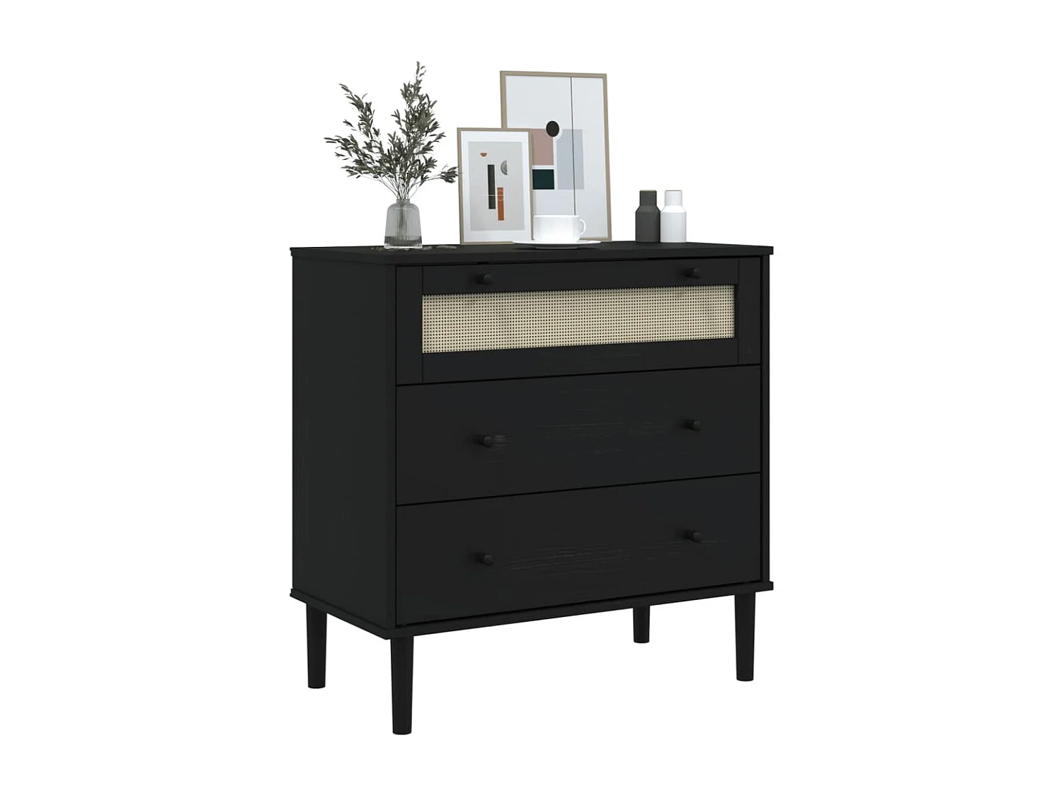 Commode SENJA aspect de rotin noir bois de pin solide
