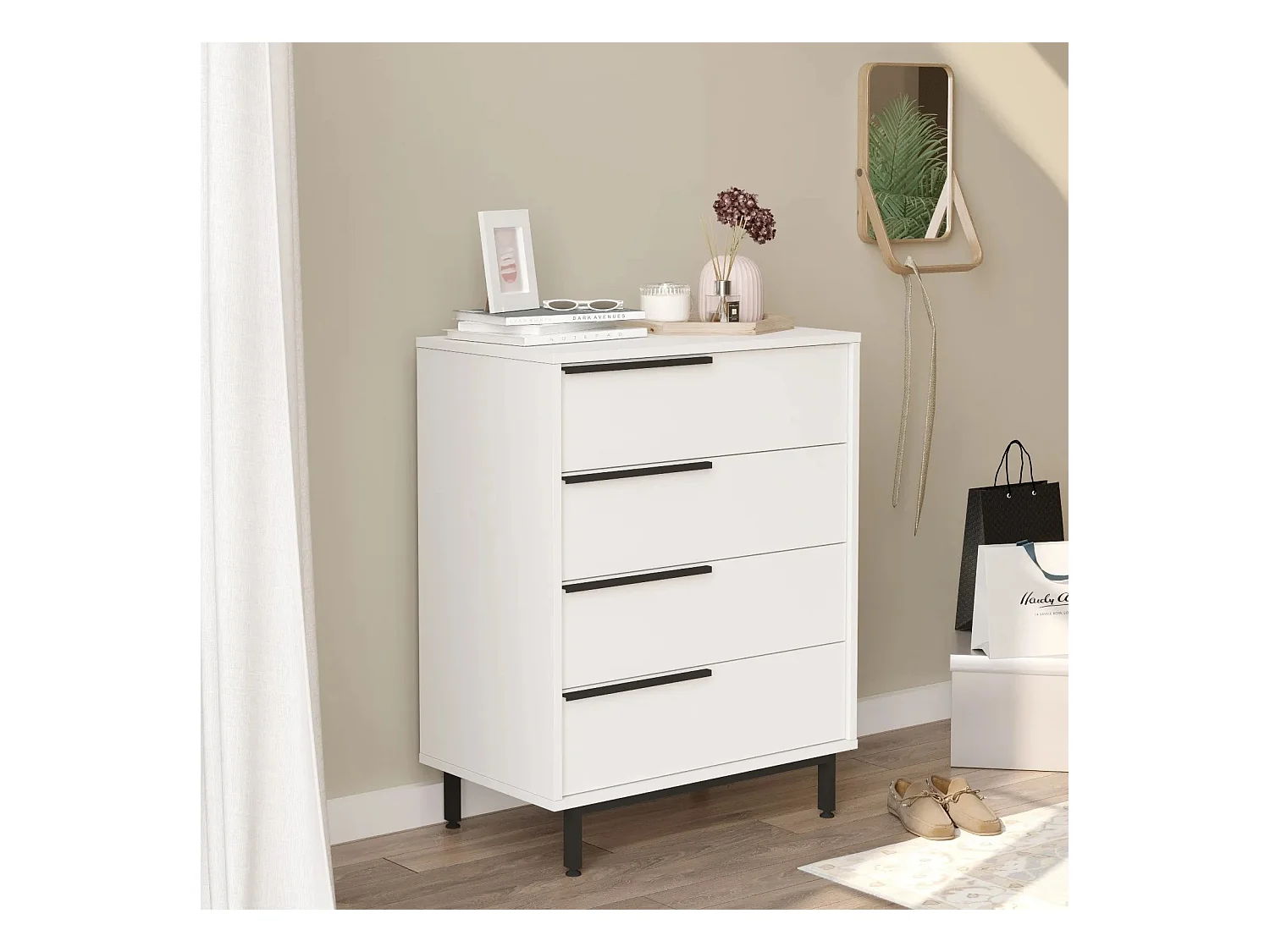 Commode 4 tiroirs bois et rotin Zenax 75cm-Couleur Blanc