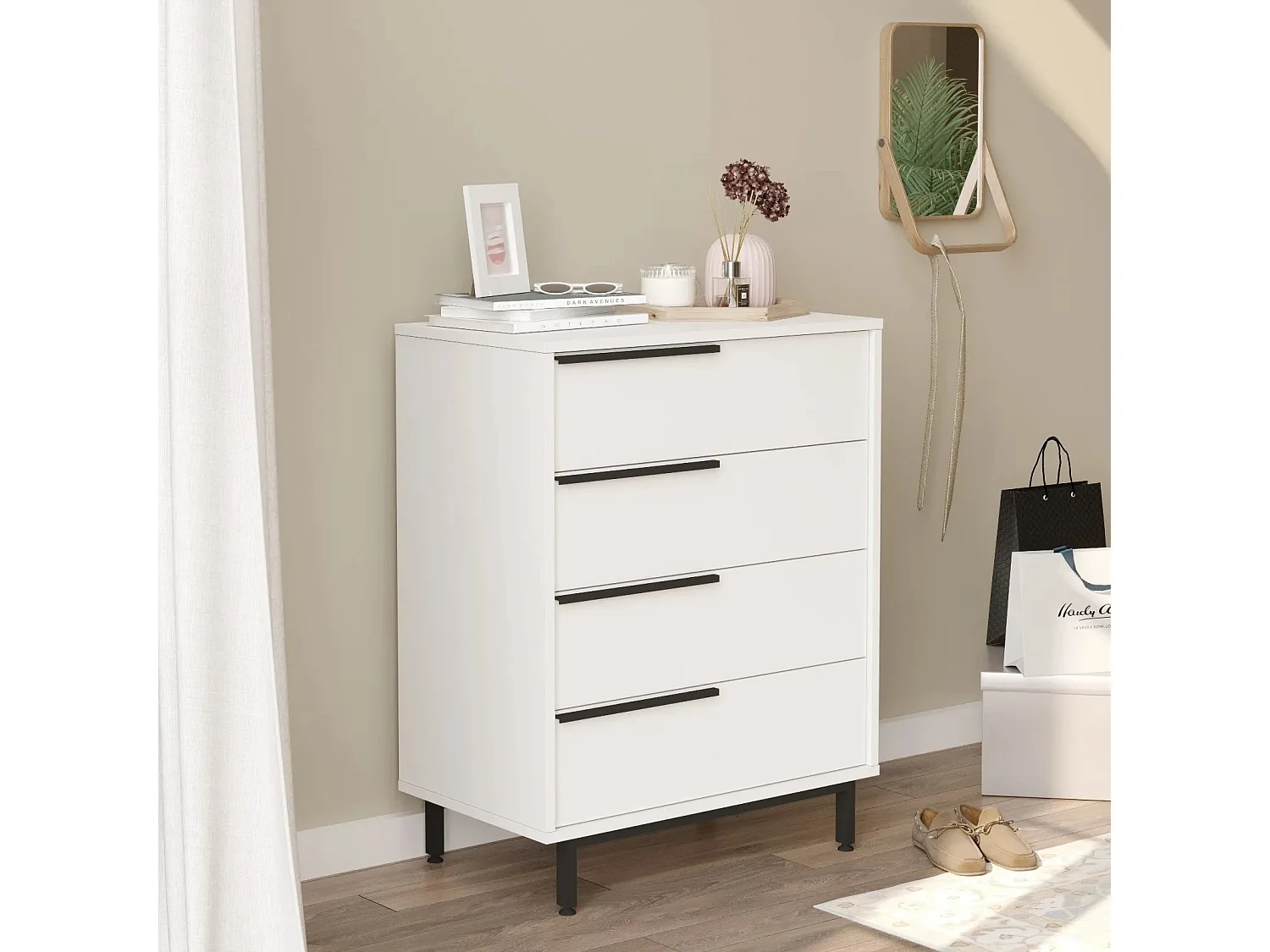 Zenax 75 cm ladekast van hout en rotan met 4 laden-Kleur Wit
