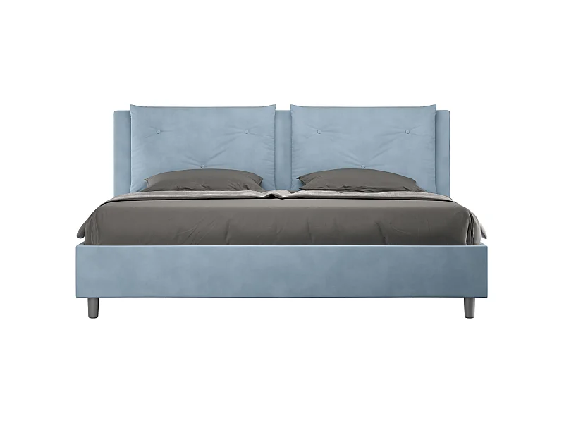 Cama para adultos moderna con cojines acolchados de microfibra Anja.-Color Azul claro-Ropa de cama 180x200 cm-Opción Con base y caja