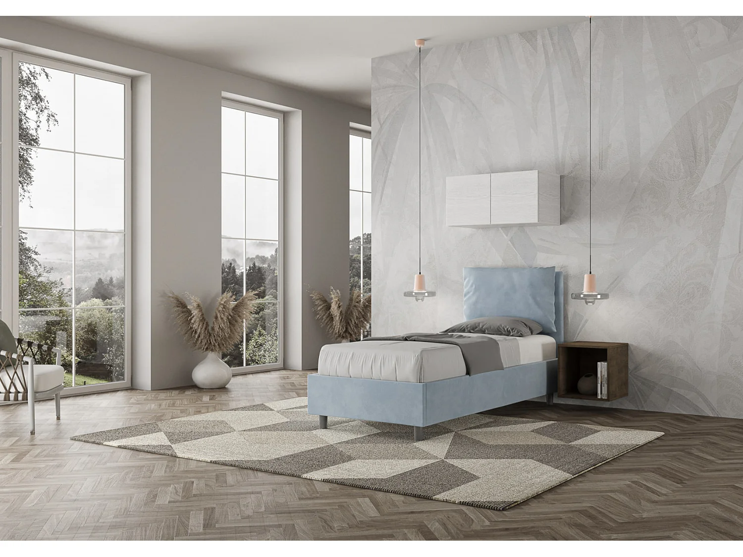 Lit adulte moderne avec coussins rembourrés microfibre Anja-Couleur Bleu clair-80x190-Option Avec coffre