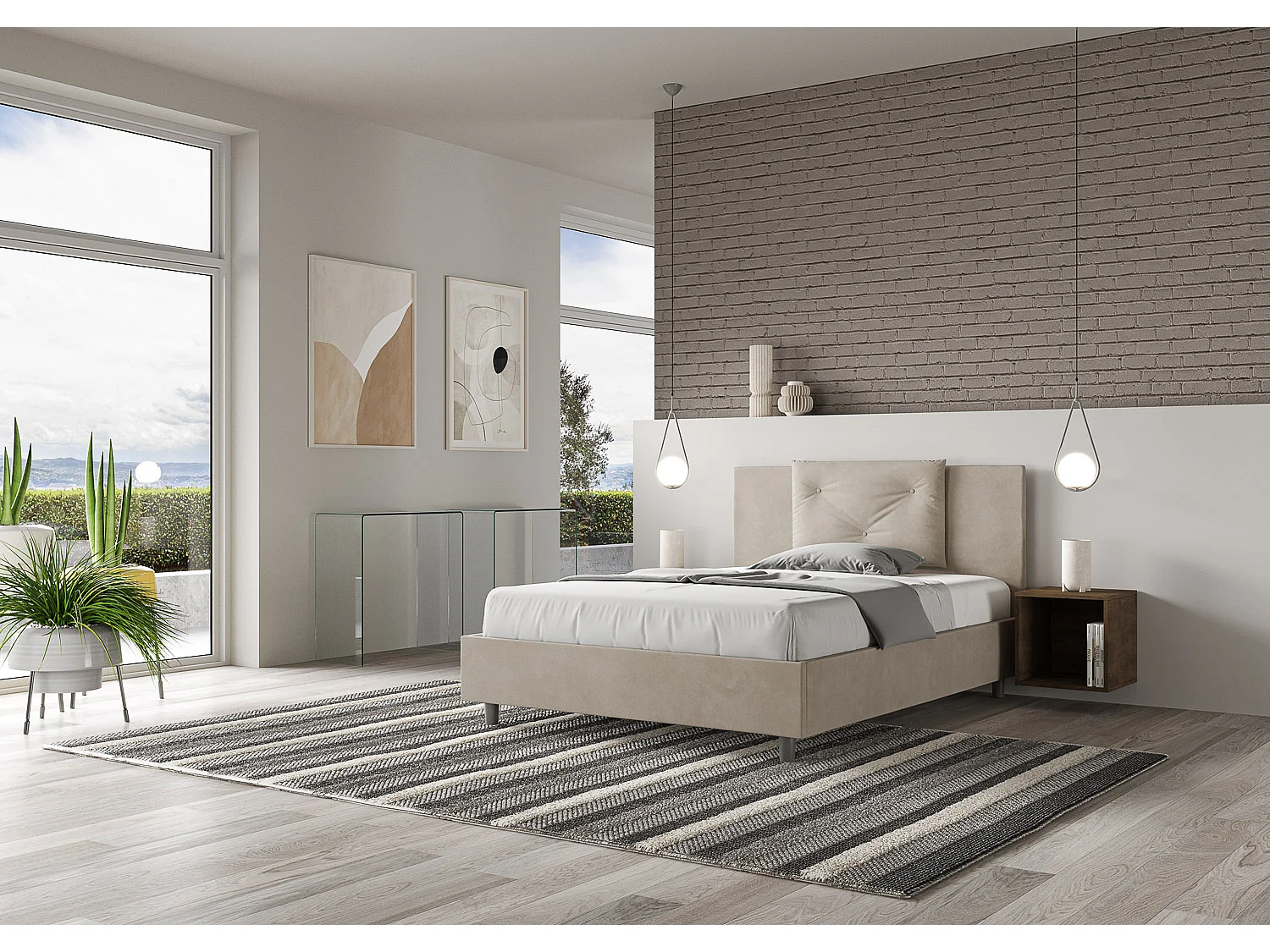 Lit double coffre rembourré 140x190 microfibre sable Appia