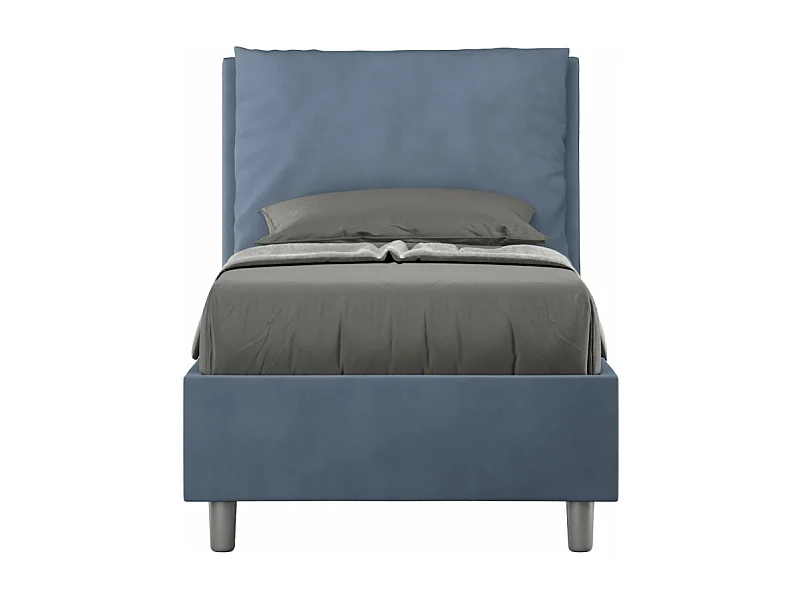 Lit adulte moderne avec coussins rembourrés microfibre Anja-Couleur Bleu foncé-80x190-Option Avec coffre