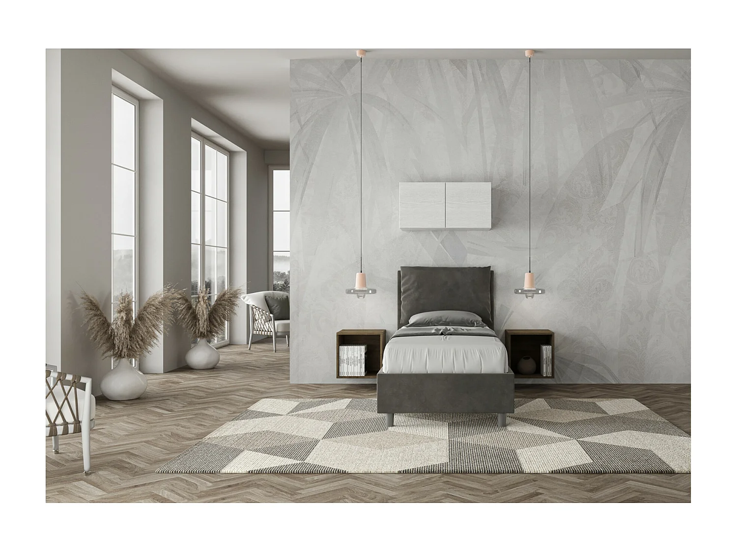 Lit adulte moderne avec coussins rembourrés microfibre Anja-Couleur Gris foncé-90x190-Option Avec coffre